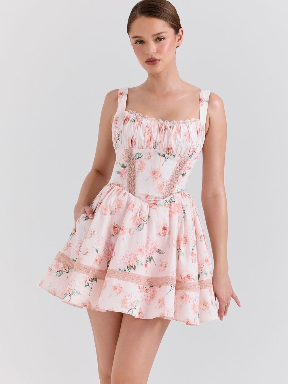 House of CB - KIMMIE Peach Floral Rose Print Cotton Mini Dress